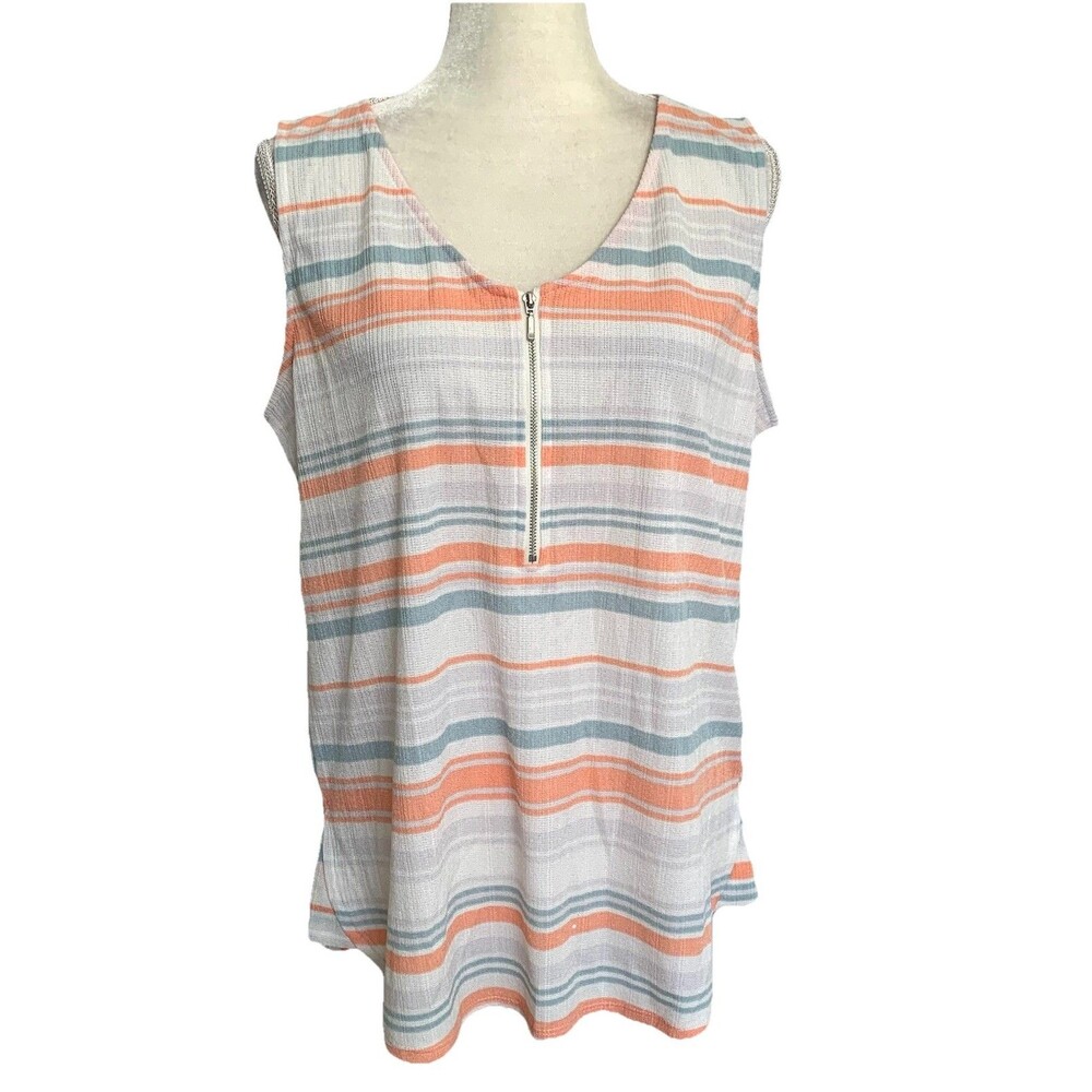 NWT Lularoe Rachael Sleeveless 1/2 Zip White Blue Coral Striped Top Blouse M - Picture 2 of 8
